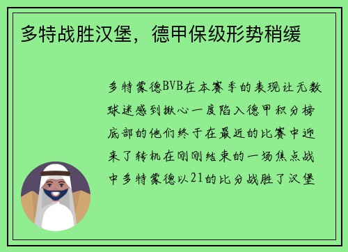 多特战胜汉堡，德甲保级形势稍缓
